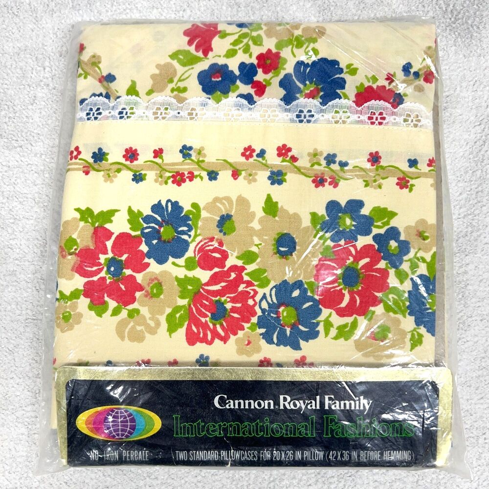 Vtg NOS Cannon Royal Family English Pillowcase s/2 floral red blue cream